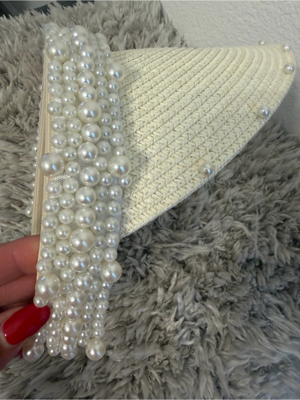 High quality Pearl-Embellished Straw Visor Hat - Cream - Picture 3 of 8